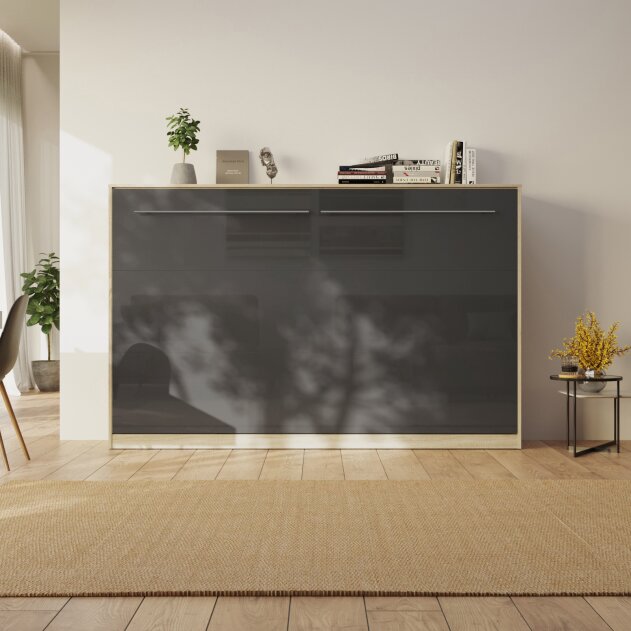 AKTION! NEU!!! SMARTBett Schrankbett Standard Komfort 120x200 Horizontal Eiche Sonoma/Anthrazit Hochglanzfront mit Gasdruckfedern