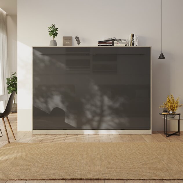 AKTION! NEU!!!!SMARTBett Schrankbett Standard Komfort 140x200 Horizontal Beton/Anthrazit Hochglanz mit Gasdruckfedern