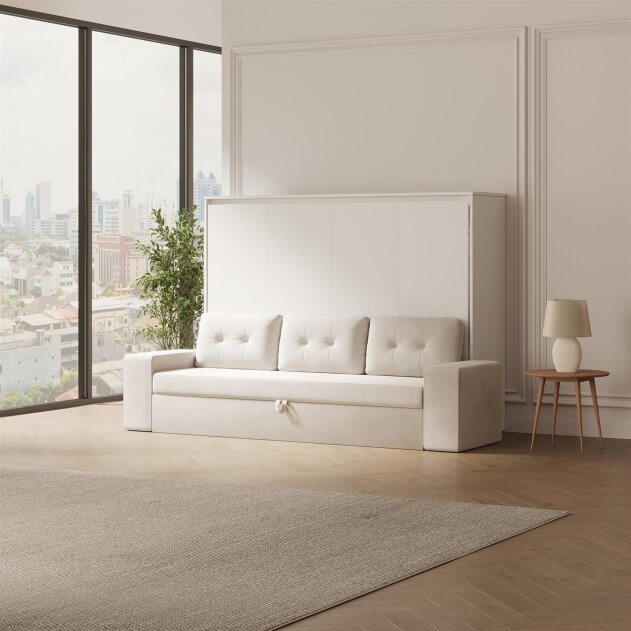 SMARTBett Schrankbett M2 Horizontal mit Sofa 140x200 Weiss/Weiss mit Polsterrahmen Sofa Sandgrau 26 cm Armlehnen