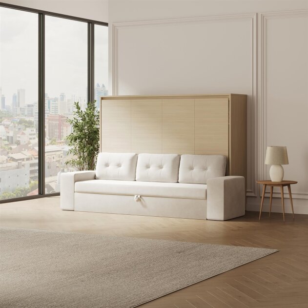 SMARTBett Schrankbett M2 Horizontal mit Sofa 140x200 Kaiserberg Eiche/Kaiserberg Eiche mit Polsterrahmen Sofa Sandgrau 26 cm Armlehnen