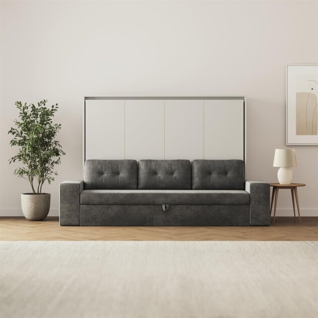 SMARTBett Schrankbett M2 Horizontal mit Sofa 160x200 Perlgrau/Perlgrau mit Polsterrahmen Sofa Anthrazit 26 cm Armlehnen