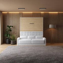 SMARTBett Schrankbett M1 Vertikal mit Sofa 180x200 Weiss/Kaiserberg Eiche mit Polsterrahmen Sofa Weiss 11cm Armlehne