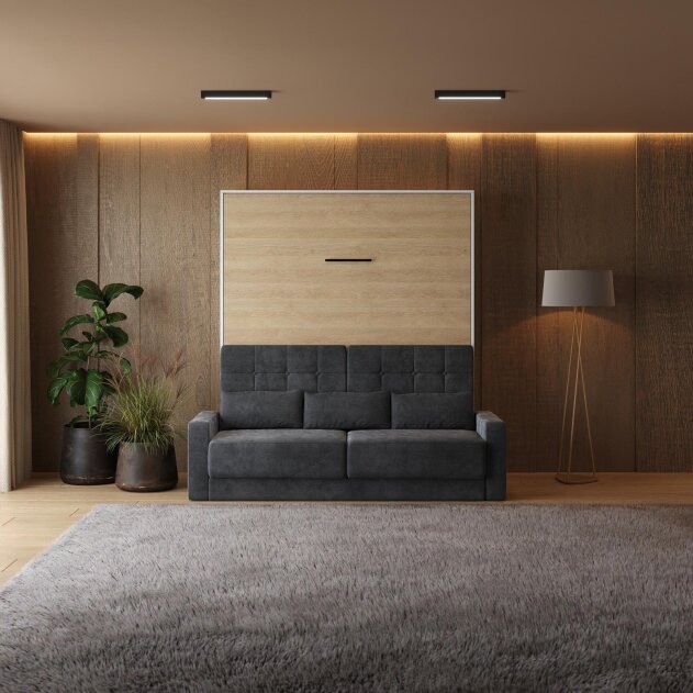 SMARTBett Schrankbett M1 Vertikal mit Sofa 180x200 Weiss/Kaiserberg Eiche mit Polsterrahmen Sofa Anthrazit 11cm Armlehne
