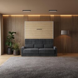 SMARTBett Schrankbett M1 Vertikal mit Sofa 180x200 Weiss/Kaiserberg Eiche mit Polsterrahmen Sofa Anthrazit 11cm Armlehne