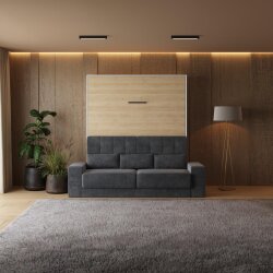 SMARTBett Schrankbett M1 Vertikal mit Sofa 180x200 Weiss/Kaiserberg Eiche mit Polsterrahmen Sofa Anthrazit mit Schubladen