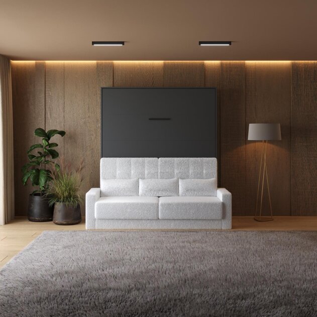 SMARTBett Schrankbett M1 Vertikal mit Sofa 180x200 Anthrazit/Anthrazit mit Polsterrahmen Sofa Weiss 11cm Armlehne