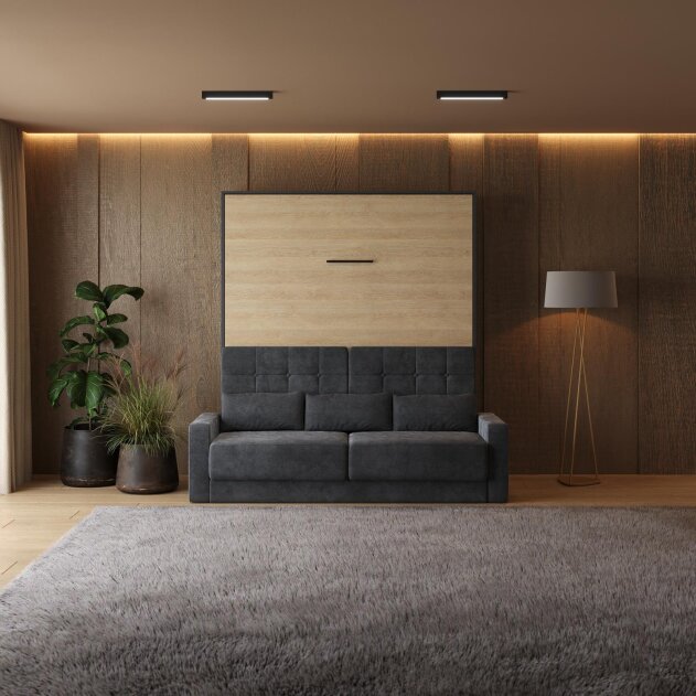 SMARTBett Schrankbett M1 Vertikal mit Sofa 180x200 Anthrazit/Kaiserberg Eiche mit Polsterrahmen Sofa Anthrazit 11cm Armlehne