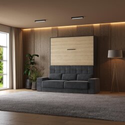 SMARTBett Schrankbett M1 Vertikal mit Sofa 180x200 Anthrazit/Kaiserberg Eiche mit Polsterrahmen Sofa Anthrazit mit Schubladen