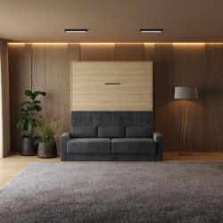 SMARTBett Schrankbett M1 Vertikal mit Sofa 180x200 Kaiserberg Eiche/Kaiserberg Eiche mit Polsterrahmen Sofa Anthrazit 11cm Armlehne
