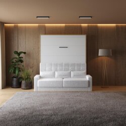 SMARTBett Schrankbett M1 Vertikal mit Sofa 180x200 Kaiserberg Eiche/Weiss Hochglanz mit Polsterrahmen Sofa Weiss 11cm Armlehne