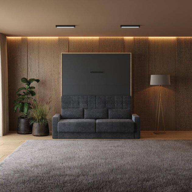 SMARTBett Schrankbett M1 Vertikal mit Sofa 180x200 Kaiserberg Eiche/Anthrazit mit Polsterrahmen Sofa Anthrazit 11cm Armlehne