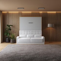 SMARTBett Schrankbett M1 Vertikal mit Sofa 180x200 Kaiserberg Eiche/Perlgrau mit Polsterrahmen Sofa Weiss 11cm Armlehne
