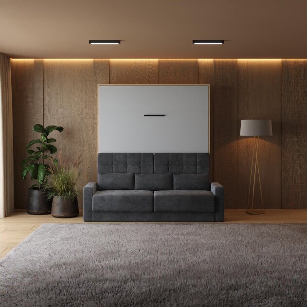 SMARTBett Schrankbett M1 Vertikal mit Sofa 180x200 Kaiserberg Eiche/Perlgrau mit Polsterrahmen Sofa Anthrazit 11cm Armlehne
