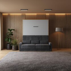 SMARTBett Schrankbett M1 Vertikal mit Sofa 180x200 Kaiserberg Eiche/Perlgrau mit Polsterrahmen Sofa Anthrazit 11cm Armlehne