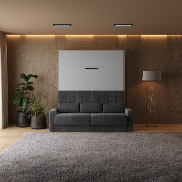 SMARTBett Schrankbett M1 Vertikal mit Sofa 180x200 Perlgrau/Perlgrau mit Polsterrahmen Sofa Anthrazit 11cm Armlehne