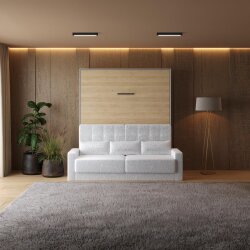 SMARTBett Schrankbett M1 Vertikal mit Sofa 180x200 Perlgrau/Kaiserberg Eiche mit Polsterrahmen Sofa Weiss 11cm Armlehne
