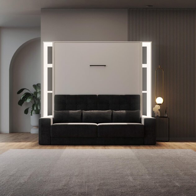 SMARTBett Schrankbett Set M1 mit Sofa Anthrazit + 2 Standregale inkl. LED 140x200 cm Weiss