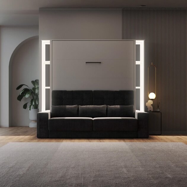 SMARTBett Schrankbett Set M1 mit Sofa Anthrazit + 2 Standregale inkl. LED 160x200 cm Perlgrau