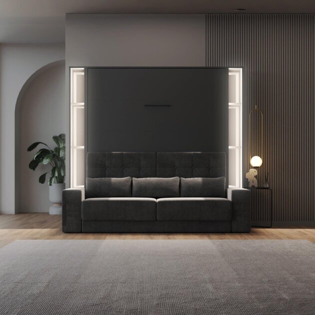 SMARTBett Schrankbett Set M1 mit Sofa Anthrazit + 2 Standregale inkl. LED 180x200 cm Anthrazit