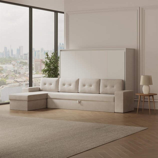 SMARTBett Schrankbett M2 Horizontal mit Sofa 140x200 Weiss/Weiss mit Polsterrahmen Ecksofa Sandgrau 26 cm Armlehnen