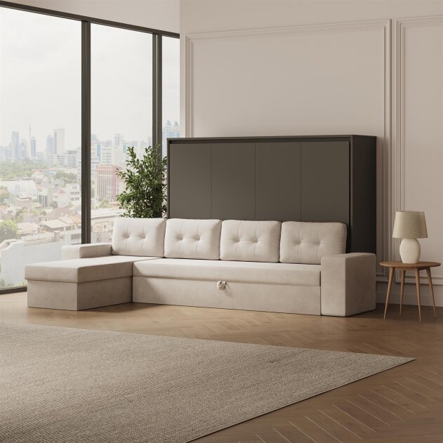 SMARTBett Schrankbett M2 Horizontal mit Sofa 140x200 Anthrazit/Anthrazit mit Polsterrahmen Ecksofa Sandgrau 26 cm Armlehnen