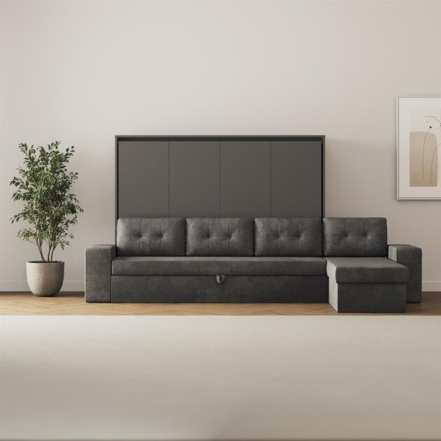 SMARTBett Schrankbett M2 Horizontal mit Sofa 140x200 Anthrazit/Anthrazit mit Polsterrahmen Ecksofa Anthrazit 26 cm Armlehnen