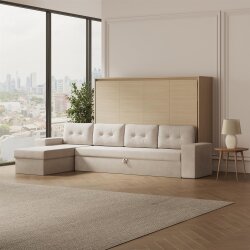 SMARTBett Schrankbett M2 Horizontal mit Sofa 140x200 Kaiserberg Eiche/Kaiserberg Eiche mit Polsterrahmen Ecksofa Sandgrau 26 cm Armlehnen
