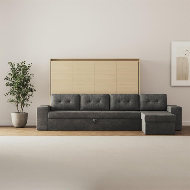 SMARTBett Schrankbett M2 Horizontal mit Sofa 140x200 Kaiserberg Eiche/Kaiserberg Eiche mit Polsterrahmen Ecksofa Anthrazit 26 cm Armlehnen