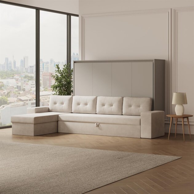 SMARTBett Schrankbett M2 Horizontal mit Sofa 140x200 Perlgrau/Perlgrau mit Polsterrahmen Ecksofa Sandgrau 26 cm Armlehnen
