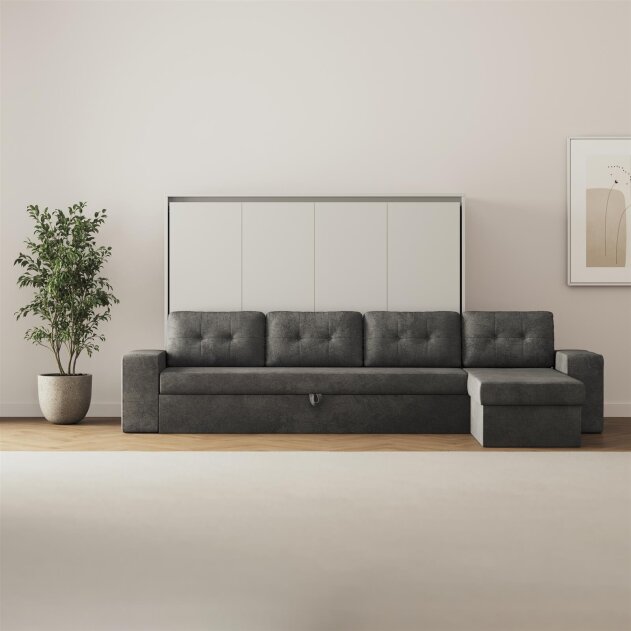 SMARTBett Schrankbett M2 Horizontal mit Sofa 140x200 Perlgrau/Perlgrau mit Polsterrahmen Ecksofa Anthrazit 26 cm Armlehnen