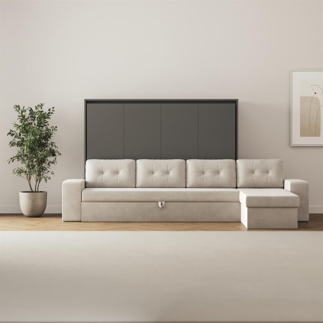 SMARTBett Schrankbett M2 Horizontal mit Sofa 160x200 Anthrazit/Anthrazit mit Polsterrahmen Ecksofa Sandgrau 26 cm Armlehnen