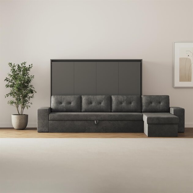 SMARTBett Schrankbett M2 Horizontal mit Sofa 160x200 Anthrazit/Anthrazit mit Polsterrahmen Ecksofa Anthrazit 26 cm Armlehnen