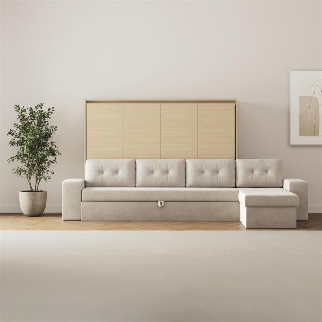 SMARTBett Schrankbett M2 Horizontal mit Sofa 160x200 Kaiserberg Eiche/Kaiserberg Eiche mit Polsterrahmen Ecksofa Sandgrau 26 cm Armlehnen