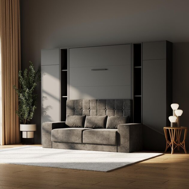 SMARTBett Wohnwand Set Schrankbett M1 + 2 Schrank M1 2.0012 + 2 Standregal M1 2.0014 160x200 Anthrazit/Anthrazit mit Sofa Anthrazit