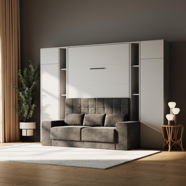 SMARTBett Wohnwand Set Schrankbett M1 + 2 Schrank M1 2.0012 + 2 Standregal M1 2.0014 180x200 Perlgrau/Perlgrau mit Sofa Anthrazit