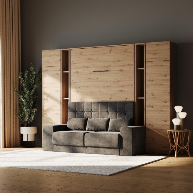 SMARTBett Wohnwand Set Schrankbett M1 + 2 Schrank M1 2.0012 + 2 Standregal M1 2.0014 180x200 Wildeiche/Wildeiche mit Sofa Anthrazit