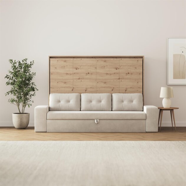 SMARTBett Schrankbett M2 Horizontal mit Sofa 140x200 Wildeiche/Wildeiche mit Polsterrahmen Sofa Sandgrau 11 cm Armlehnen