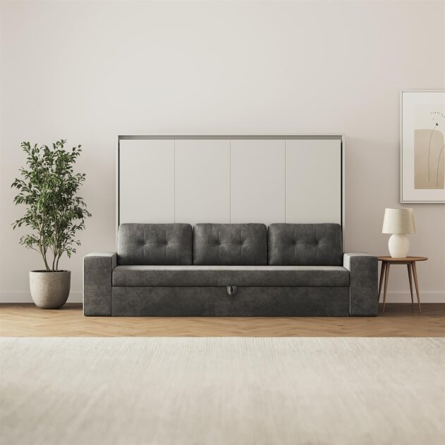 SMARTBett Schrankbett M2 Horizontal mit Sofa 140x200 Perlgrau/Perlgrau mit Polsterrahmen Sofa Anthrazit 11 cm Armlehnen