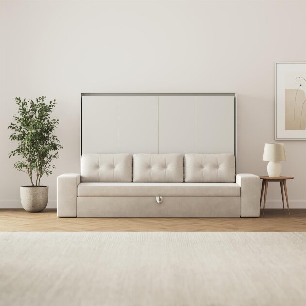 SMARTBett Schrankbett M2 Horizontal mit Sofa 140x200 Perlgrau/Perlgrau mit Polsterrahmen Sofa Sandgrau 11 cm Armlehnen