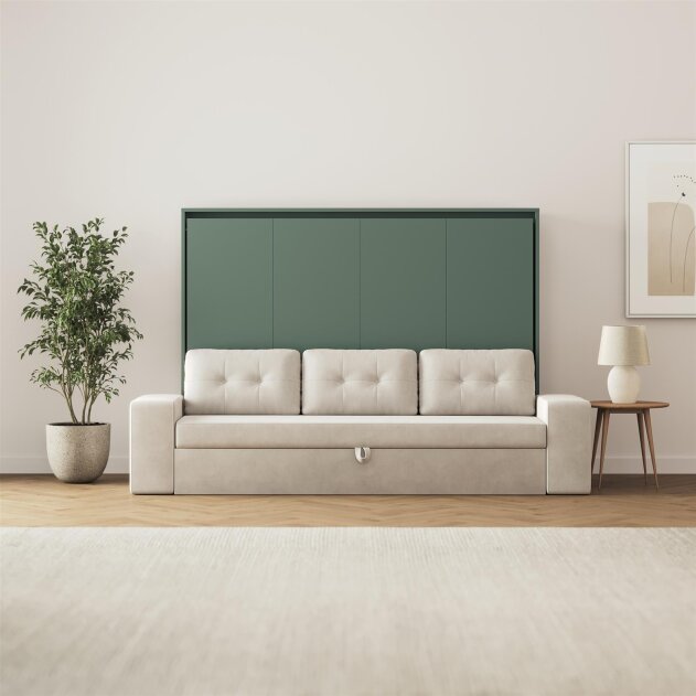 SMARTBett Schrankbett M2 Horizontal mit Sofa 140x200 Steingrün mit Polsterrahmen Sofa Sandgrau 11 cm Armlehnen