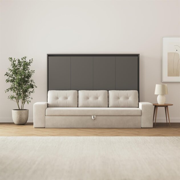 SMARTBett Schrankbett M2 Horizontal mit Sofa 140x200 Anthrazit/Anthrazit mit Polsterrahmen Sofa Sandgrau 11 cm Armlehnen