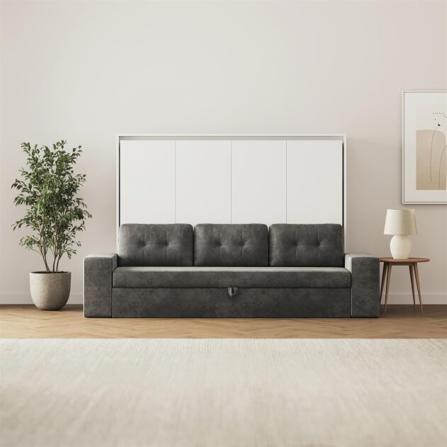 SMARTBett Schrankbett M2 Horizontal mit Sofa 140x200 Weiss/Weiss mit Polsterrahmen Sofa Anthrazit 11 cm Armlehnen