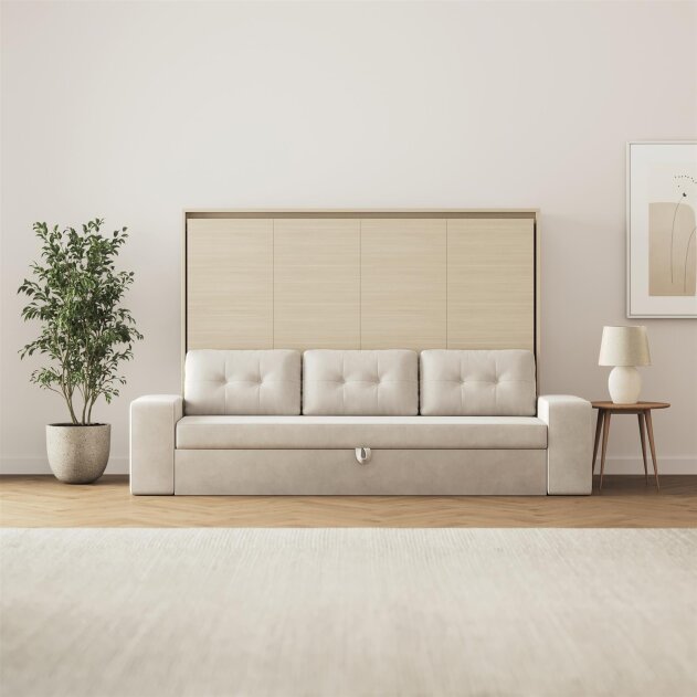 SMARTBett Schrankbett M2 Horizontal mit Sofa 140x200 Kaiserberg Eiche/Kaiserberg Eiche mit Polsterrahmen Sofa Sandgrau 11 cm Armlehnen