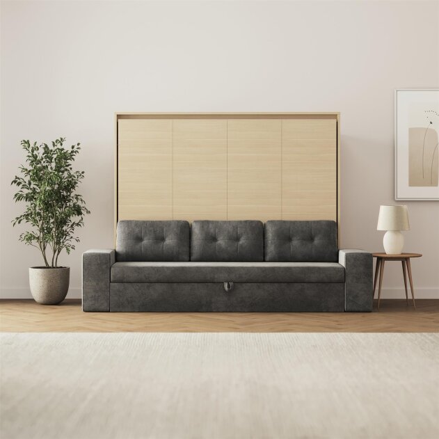 SMARTBett Schrankbett M2 Horizontal mit Sofa 160x200 Kaiserberg Eiche/Kaiserberg Eiche mit Polsterrahmen Sofa Anthrazit 11 cm Armlehnen