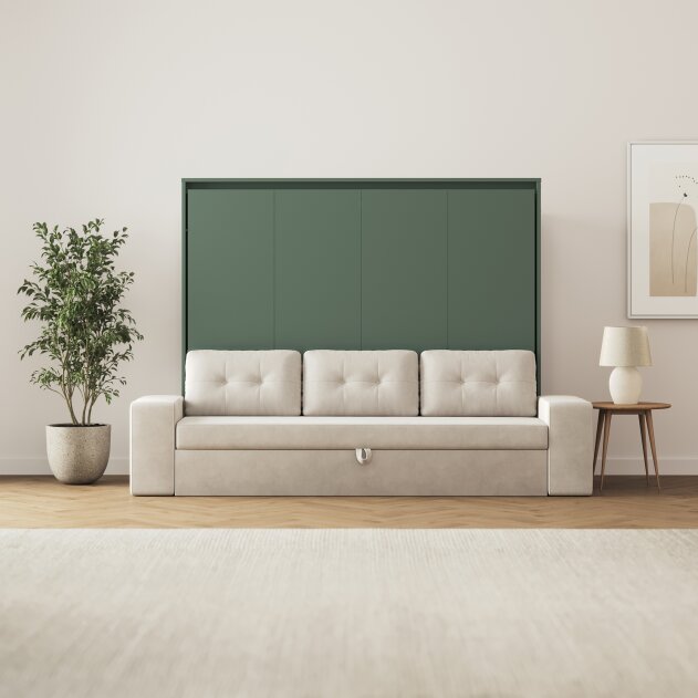 SMARTBett Schrankbett M2 Horizontal mit Sofa 160x200 Steingrün mit Polsterrahmen Sofa Sandgrau 11 cm Armlehnen