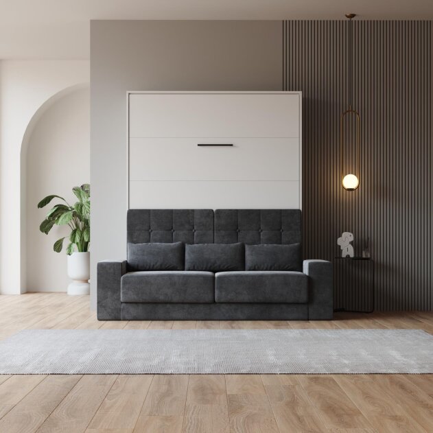 SMARTBett Schrankbett M1 Vertikal mit Sofa 140x200 Weiss/Weiss mit Polsterrahmen Sofa Anthrazit mit Stauraum
