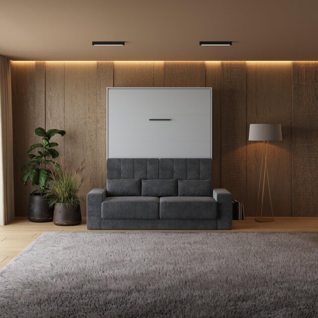 SMARTBett Schrankbett M1 Vertikal mit Sofa 140x200 Perlgrau/Perlgrau mit Polsterrahmen Sofa Anthrazit mit Stauraum