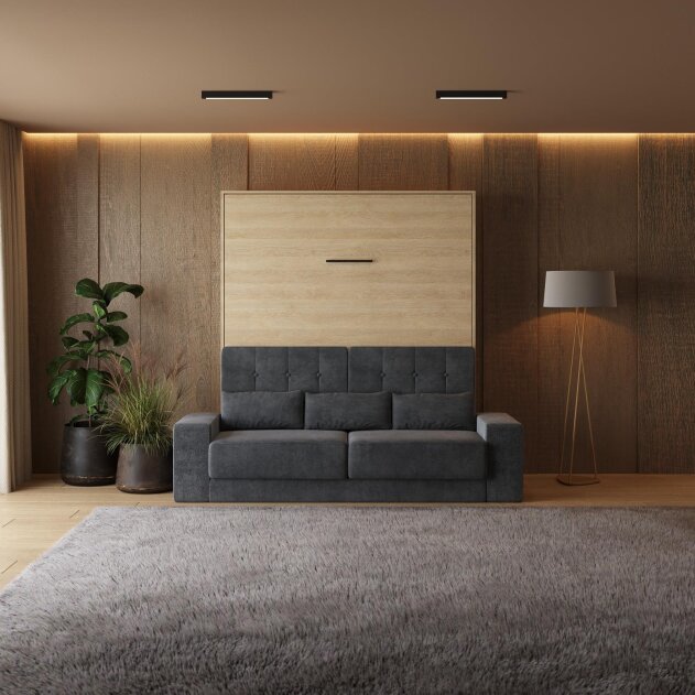 SMARTBett Schrankbett M1 Vertikal mit Sofa 180x200 Kaiserberg Eiche/Kaiserberg Eiche mit Polsterrahmen Sofa Anthrazit mit Stauraum