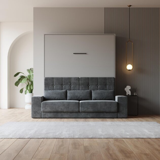 SMARTBett Schrankbett M1 Vertikal mit Sofa 180x200 Perlgrau/Perlgrau mit Polsterrahmen Sofa Anthrazit mit Stauraum