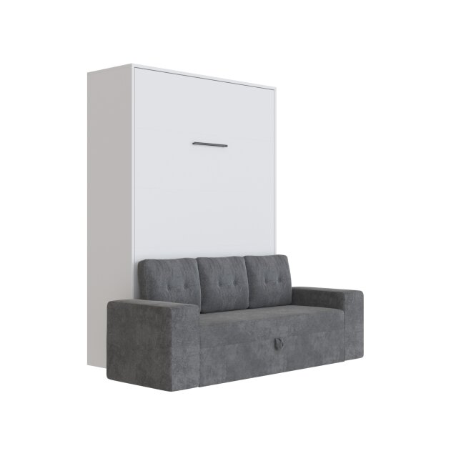 SMARTBett Schrankbett M3 Vertikal mit Sofa 140x200 Weiss/Weiss mit Polsterrahmen Sofa Anthrazit 26cm Armlehne